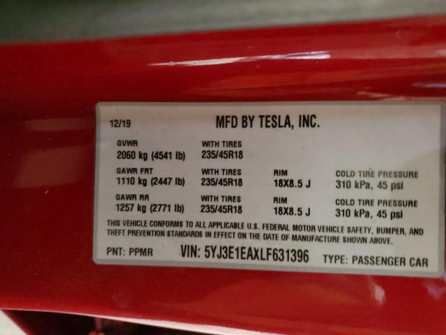 5YJ3E1EAXLF631396 - 2020 TESLA MODEL 3 红色 照片 10