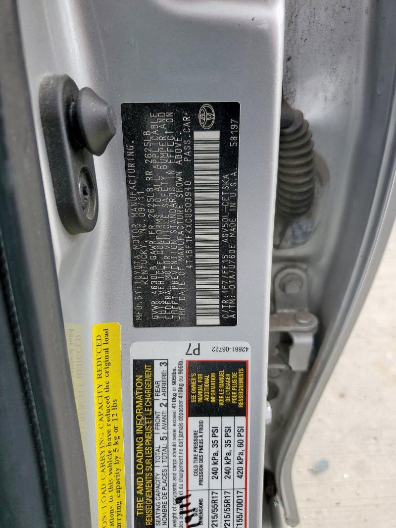 4T1BF1FKXCU503940 - 2012 TOYOTA CAMRY BASE SILVER photo 12