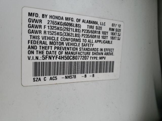 5FNYF4H50CB077207 - 2012 HONDA PILOT EXL WHITE photo 12