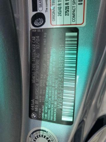 WBAEH73455B191851 - 2005 BMW 645 CI AUTOMATIC GRAY photo 12