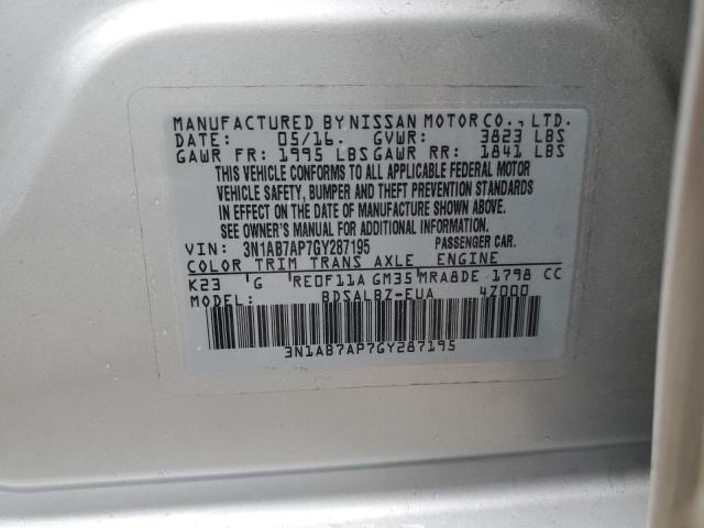 3N1AB7AP7GY287195 - 2016 NISSAN SENTRA S SILVER photo 12
