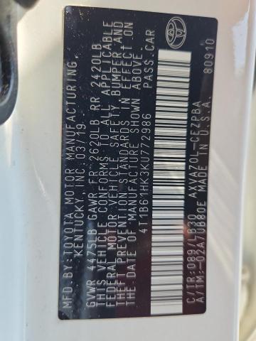4T1B61HK3KU772986 - 2019 TOYOTA CAMRY XSE Weiß Foto 12