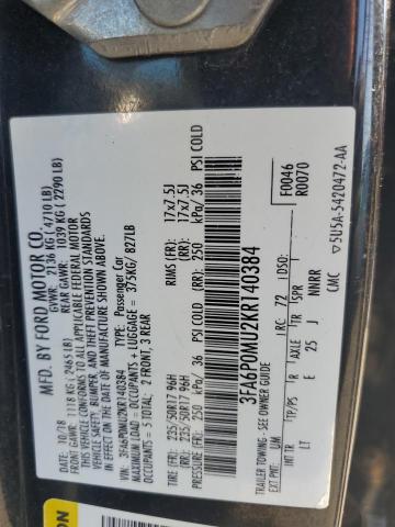 3FA6P0MU2KR140384 - 2019 FORD FUSION SEL Siyah fotoğraf 12