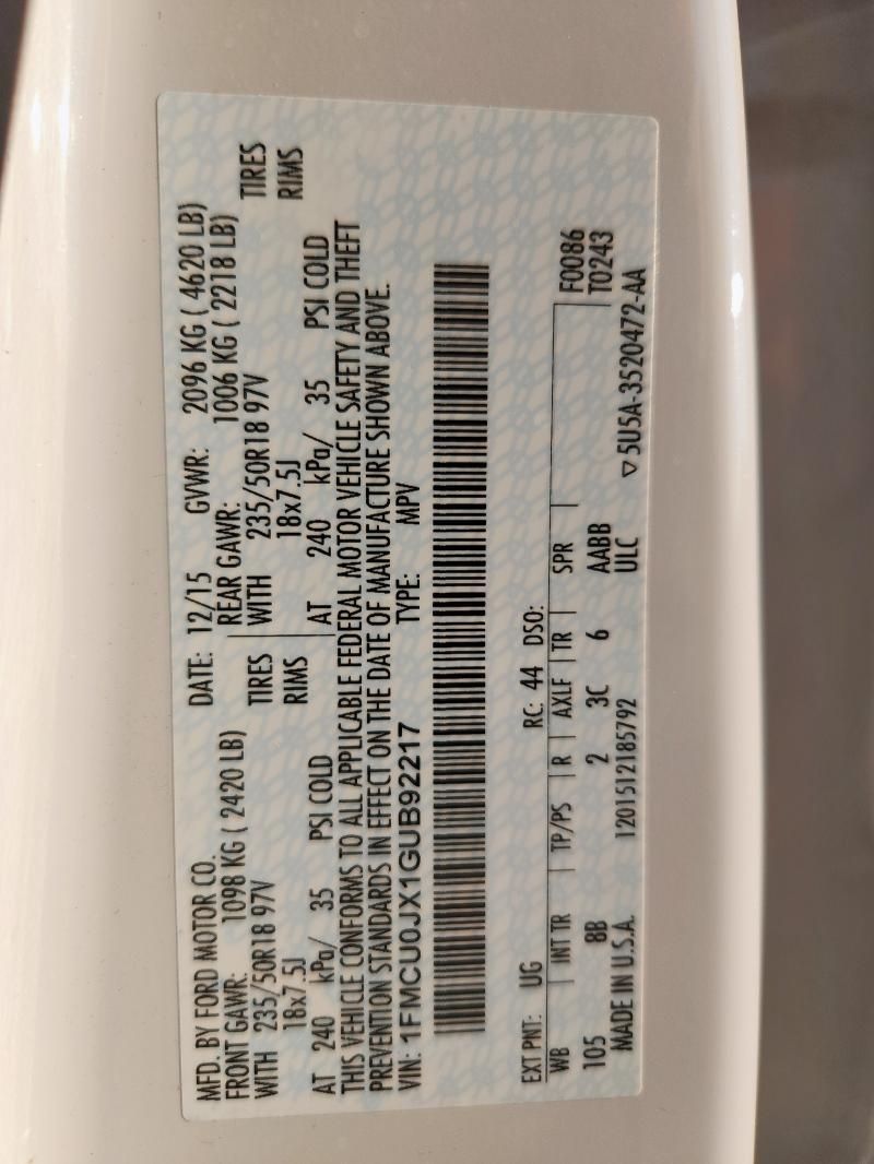 1FMCU0JX1GUB92217 - 2016 FORD ESCAPE TITANIUM WHITE photo 13