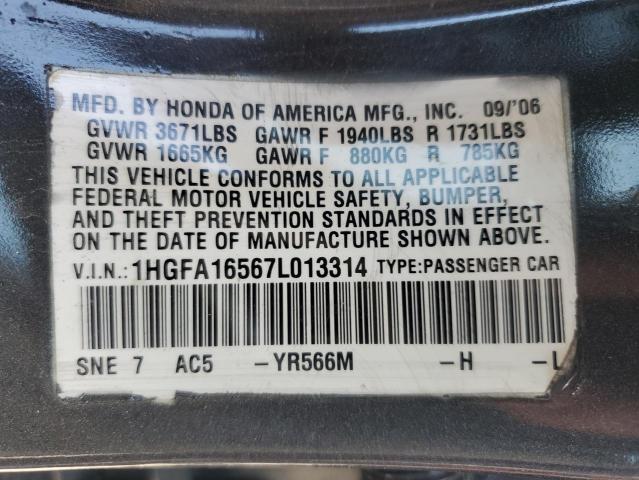 1HGFA16567L013314 - 2007 HONDA CIVIC LX Szary zdjęcie 12
