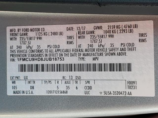 1FMCU9HD8JUB18753 - 2018 FORD ESCAPE SEL SILVER photo 13