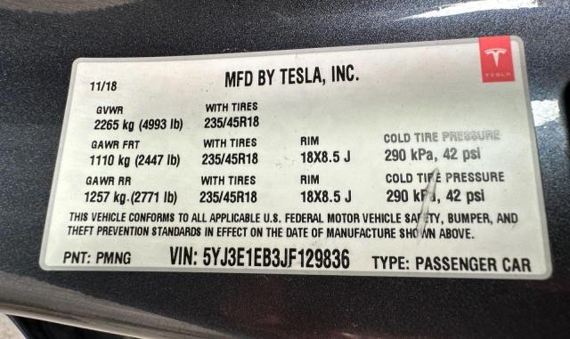 5YJ3E1EB3JF129836 - 2018 TESLA MODEL 3 Մոխրագույն լուսանկար 10