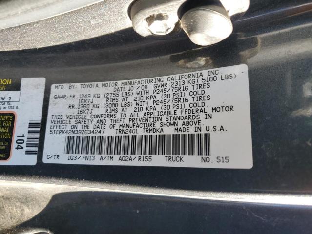 5TEPX42N39Z634247 - 2009 TOYOTA TACOMA GRAY photo 12