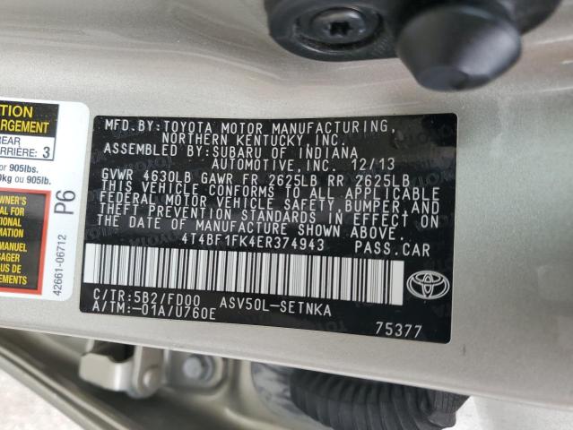 4T4BF1FK4ER374943 - 2014 TOYOTA CAMRY L BEIGE photo 12