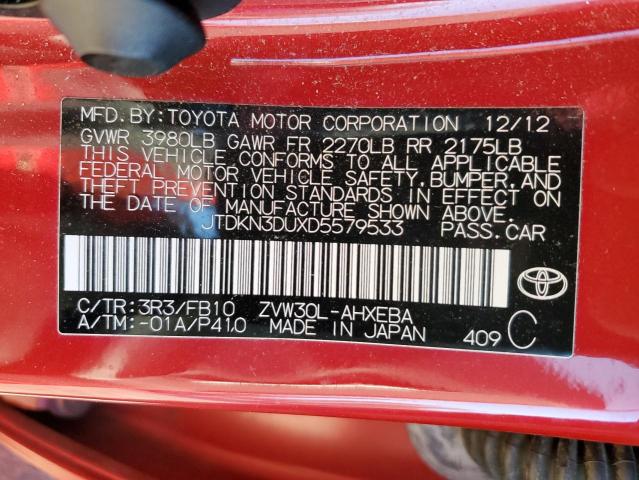 JTDKN3DUXD5579533 - 2013 TOYOTA PRIUS RED photo 12