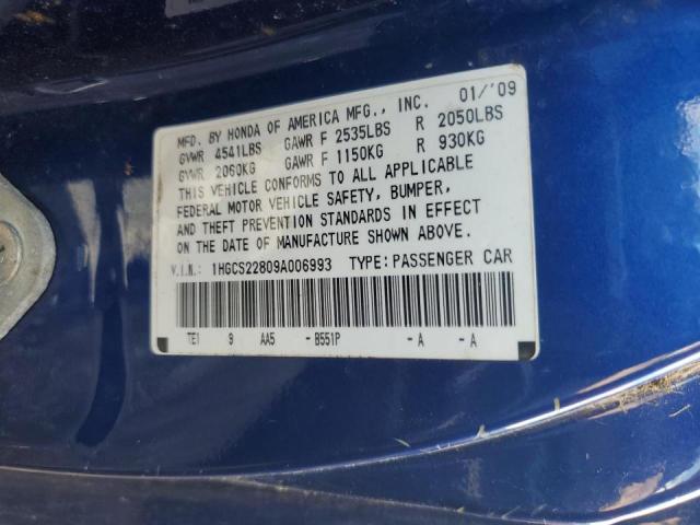 1HGCS22809A006993 - 2009 HONDA ACCORD EXL ლურჯი ფოტო 12