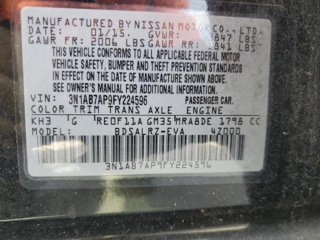 3N1AB7AP9FY224596 - 2015 NISSAN SENTRA S BLACK photo 12