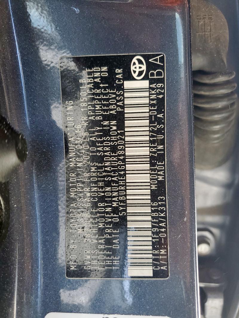 5YFBURHE4GP489021 - 2016 TOYOTA COROLLA L CHARCOAL photo 12