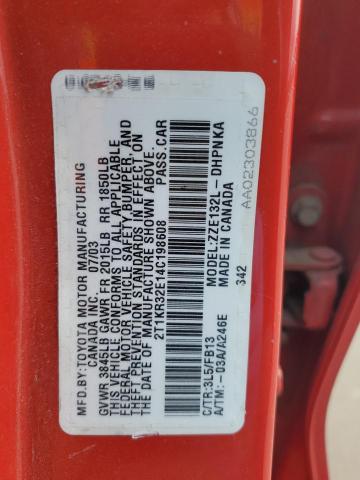 2T1KR32E14C198608 - 2004 TOYOTA COROLLA MA XR RED photo 12