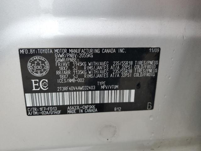 2T3RF4DV4AW032403 - 2010 TOYOTA RAV4 SPORT ვერცხლისფერი ფოტო 13