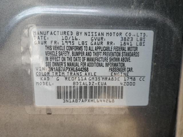 3N1AB7APXHL644268 - 2017 NISSAN SENTRA S GRAY photo 12