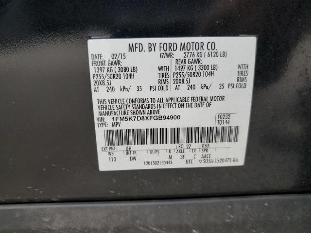 1FM5K7D8XFGB94900 - 2015 FORD EXPLORER XLT 黑色 照片 12