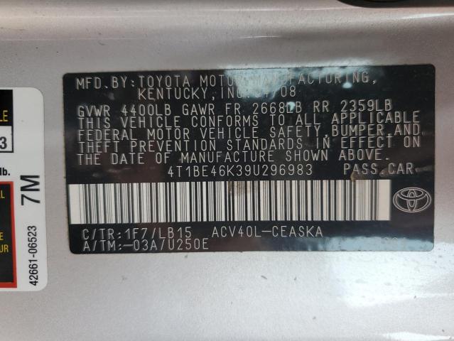 4T1BE46K39U296983 - 2009 TOYOTA CAMRY BASE Gümüş foto 12