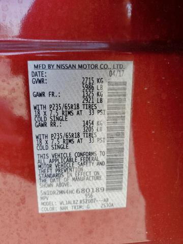 5N1DR2MN4HC680189 - 2017 NISSAN PATHFINDER S RED photo 14