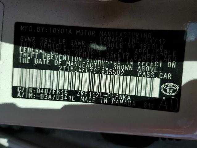 2T1BU4EE7CC835502 - 2012 TOYOTA COROLLA BASE Ağ foto 12