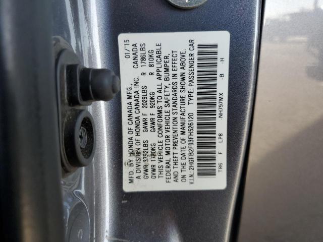 2HGFB2F93FH526120 - 2015 HONDA CIVIC EXL GRAY photo 12