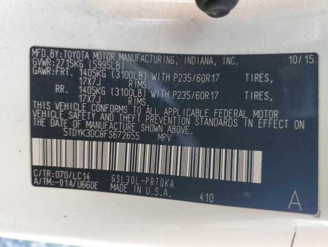 5TDYK3DC8FS672655 - 2015 TOYOTA SIENNA XLE 白色 照片 14