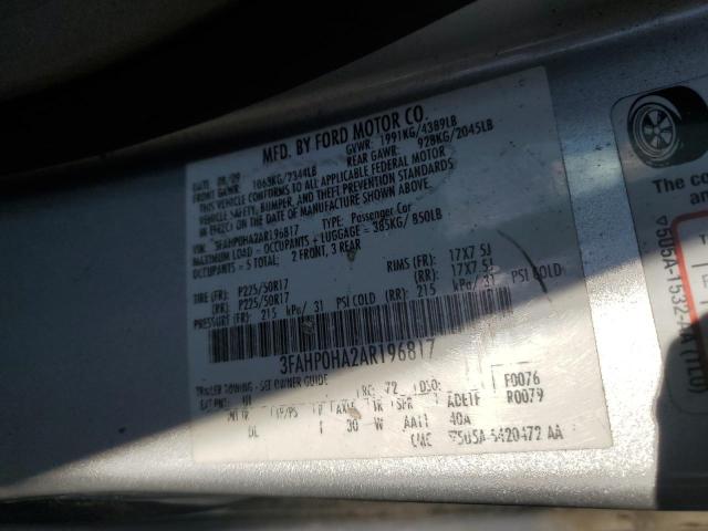 3FAHP0HA2AR196817 - 2010 FORD FUSION SE SILVER photo 12