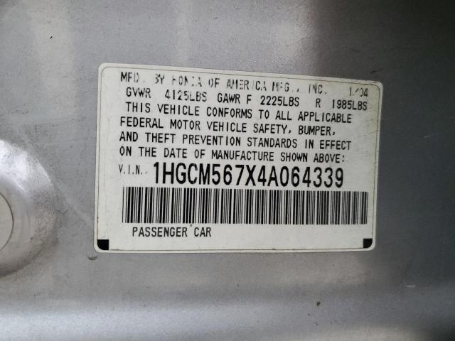 1HGCM567X4A064339 - 2004 HONDA ACCORD EX SILVER photo 12