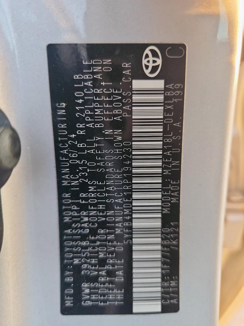 5YFB4MDE1RP194230 - 2024 TOYOTA COROLLA LE SILVER photo 13