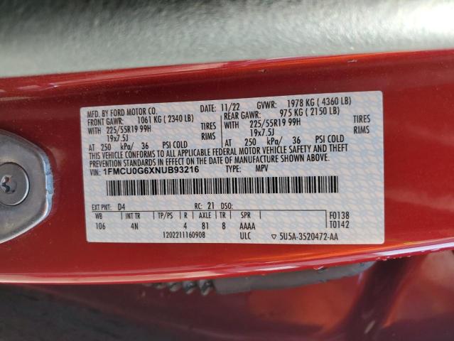 1FMCU0G6XNUB93216 - 2022 FORD ESCAPE SE RED photo 13