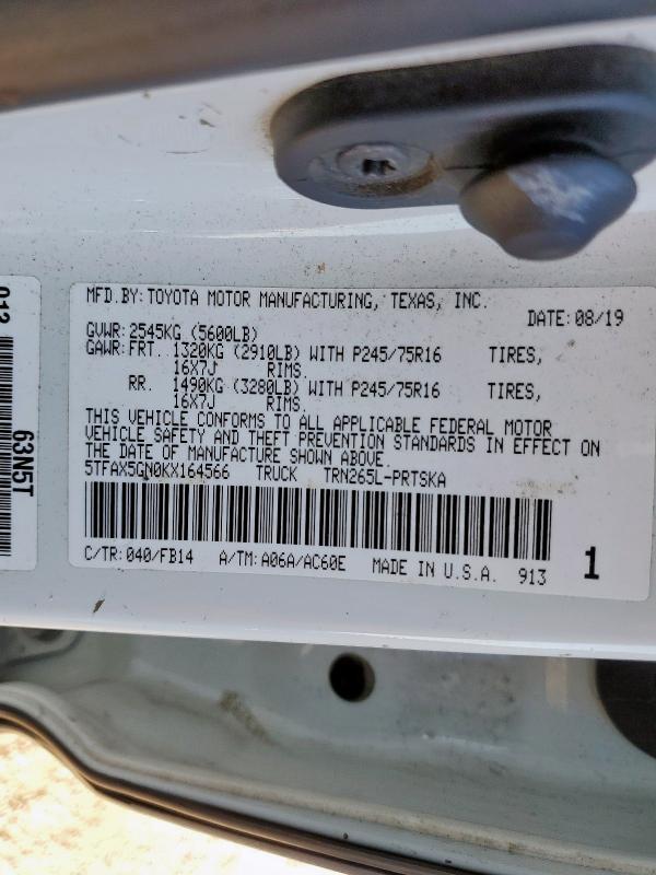 5TFAX5GN0KX164566 - 2019 TOYOTA TACOMA DOUBLE CAB 白色 照片 13