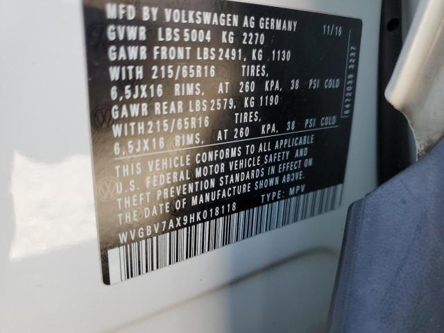 WVGBV7AX9HK018118 - 2017 VOLKSWAGEN TIGUAN S WHITE photo 13