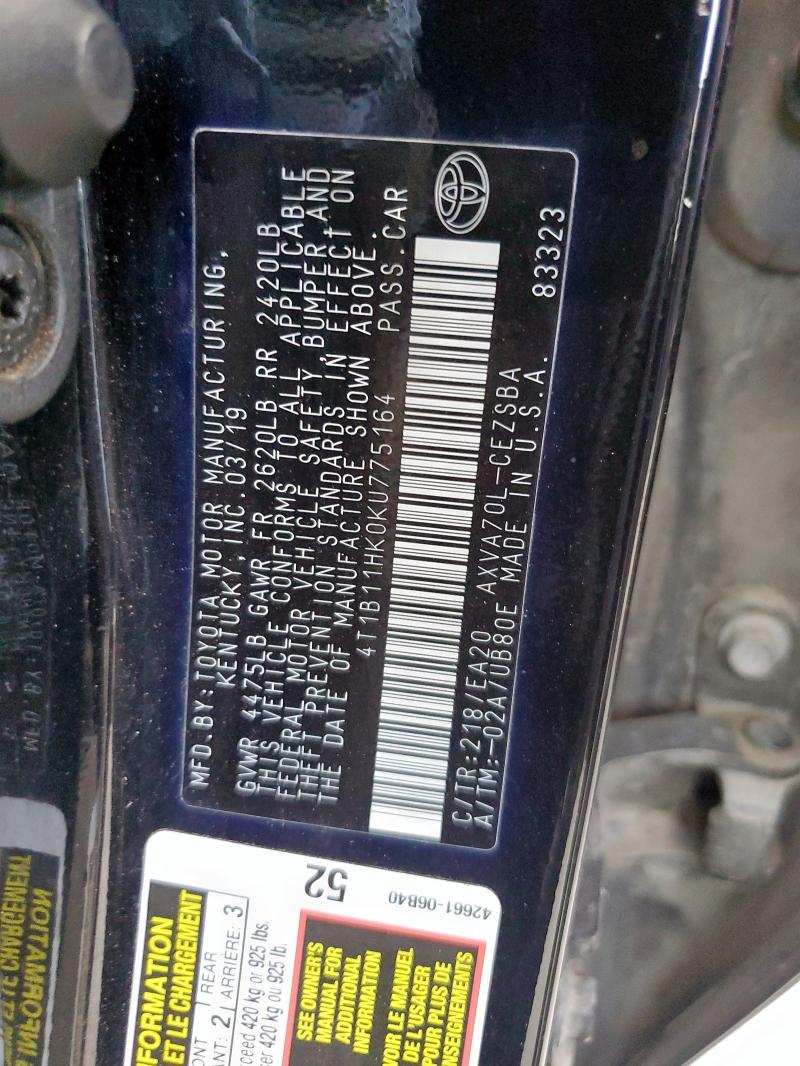 4T1B11HK0KU775164 - 2019 TOYOTA CAMRY L შავი ფოტო 12