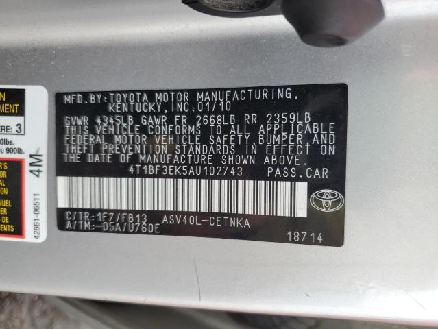 4T1BF3EK5AU102743 - 2010 TOYOTA CAMRY BASE SILVER photo 12