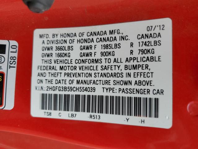 2HGFG3B59CH554039 - 2012 HONDA CIVIC LX RED photo 12