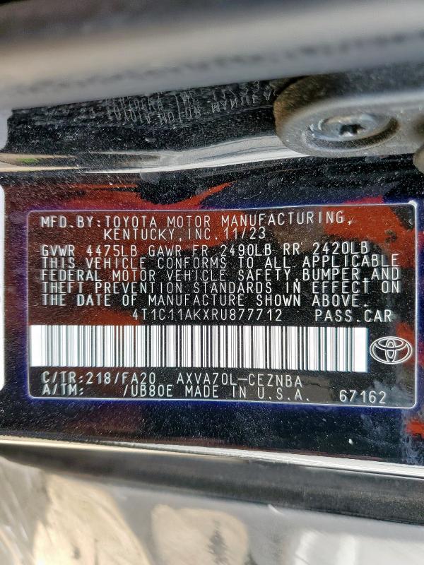 4T1C11AKXRU877712 - 2024 TOYOTA CAMRY LE BLACK photo 12