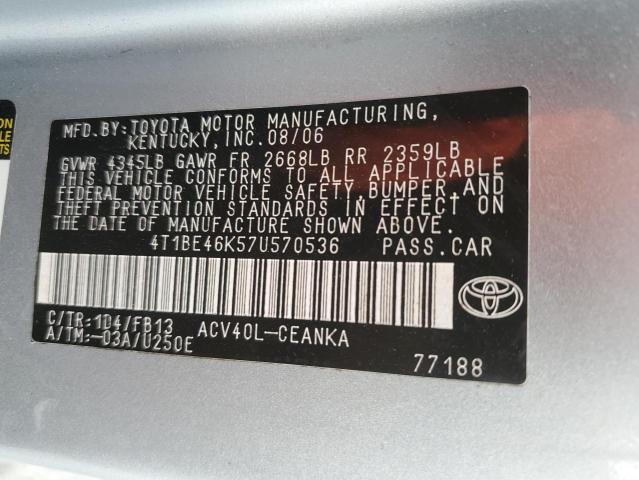 4T1BE46K57U570536 - 2007 TOYOTA CAMRY CE SILVER photo 13