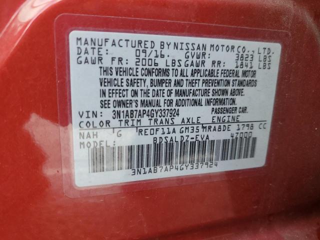 3N1AB7AP4GY337924 - 2016 NISSAN SENTRA S RED photo 12