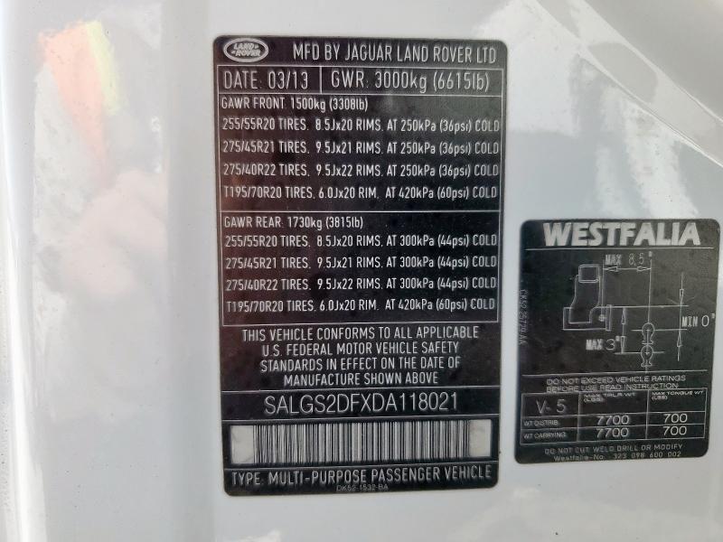 SALGS2DFXDA118021 - 2013 LAND ROVER RANGE ROVE HSE WHITE photo 14