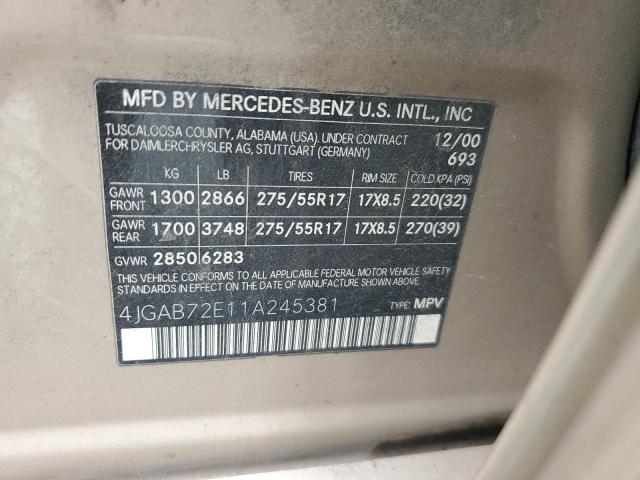 4JGAB72E11A245381 - 2001 MERCEDES-BENZ ML 430 GOLD photo 13