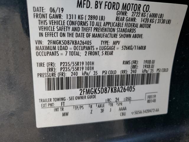 2FMGK5D87KBA26405 - 2019 FORD FLEX LIMITED BLUE photo 13