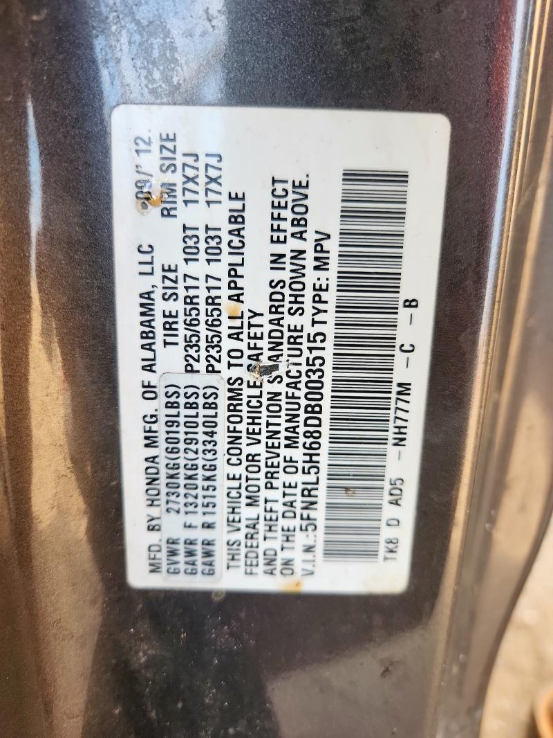 5FNRL5H68DB003515 - 2013 HONDA ODYSSEY EXL ნაცრისფერი ფოტო 13