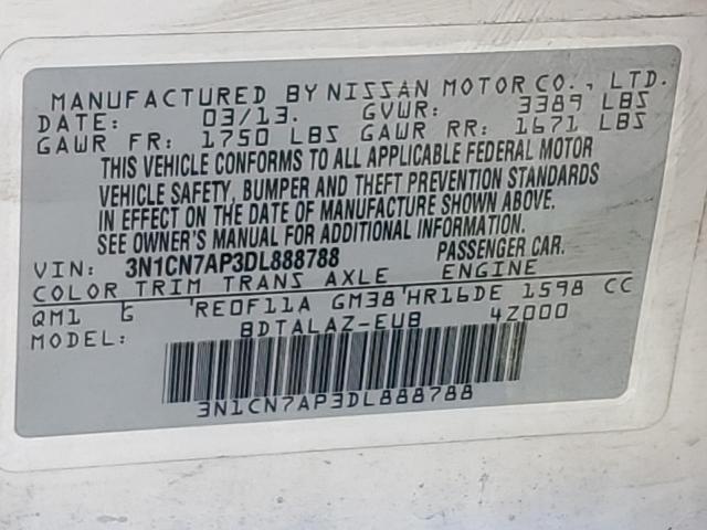 3N1CN7AP3DL888788 - 2013 NISSAN VERSA S თეთრი ფოტო 12