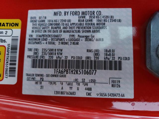 1FA6P8TH2K5106077 - 2019 FORD MUSTANG RED photo 12