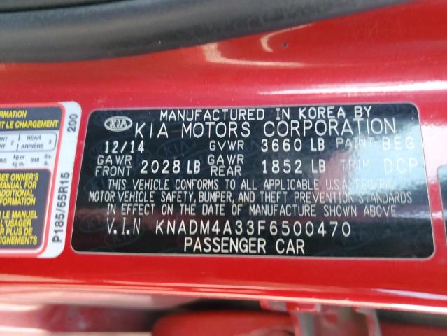 KNADM4A33F6500470 - 2015 KIA RIO LX RED photo 12