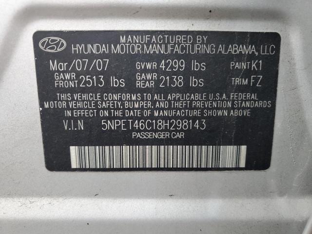 5NPET46C18H298143 - 2008 HYUNDAI SONATA GLS SILVER photo 12