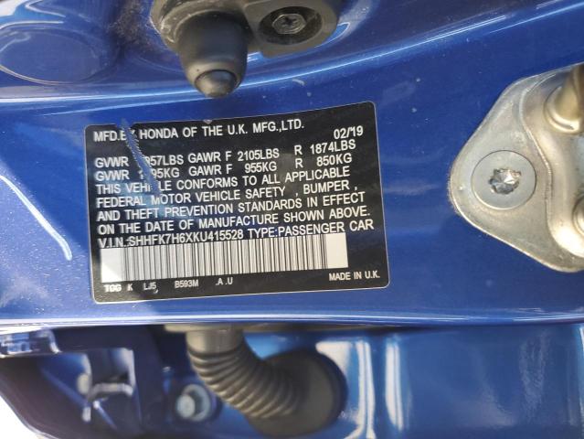 SHHFK7H6XKU415528 - 2019 HONDA CIVIC EX ლურჯი ფოტო 13