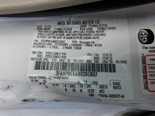 3FAHP0CG6BR205807 - 2011 FORD FUSION SEL 白色 照片 12