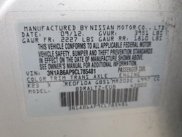 3N1AB6AP9CL785481 - 2012 NISSAN SENTRA 2.0 SILVER photo 12