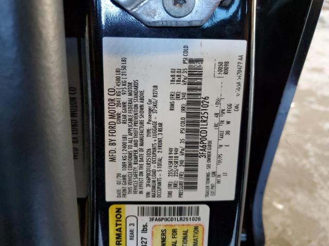 3FA6P0CD1LR251026 - 2020 FORD FUSION SEL BLACK photo 13